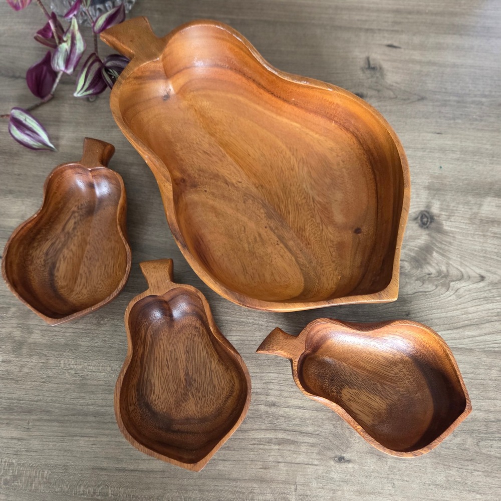 Vintage‎ Monkey Pod Serving Bowl Set Brown Wood Pear Shaped 1 large bowl 3 small